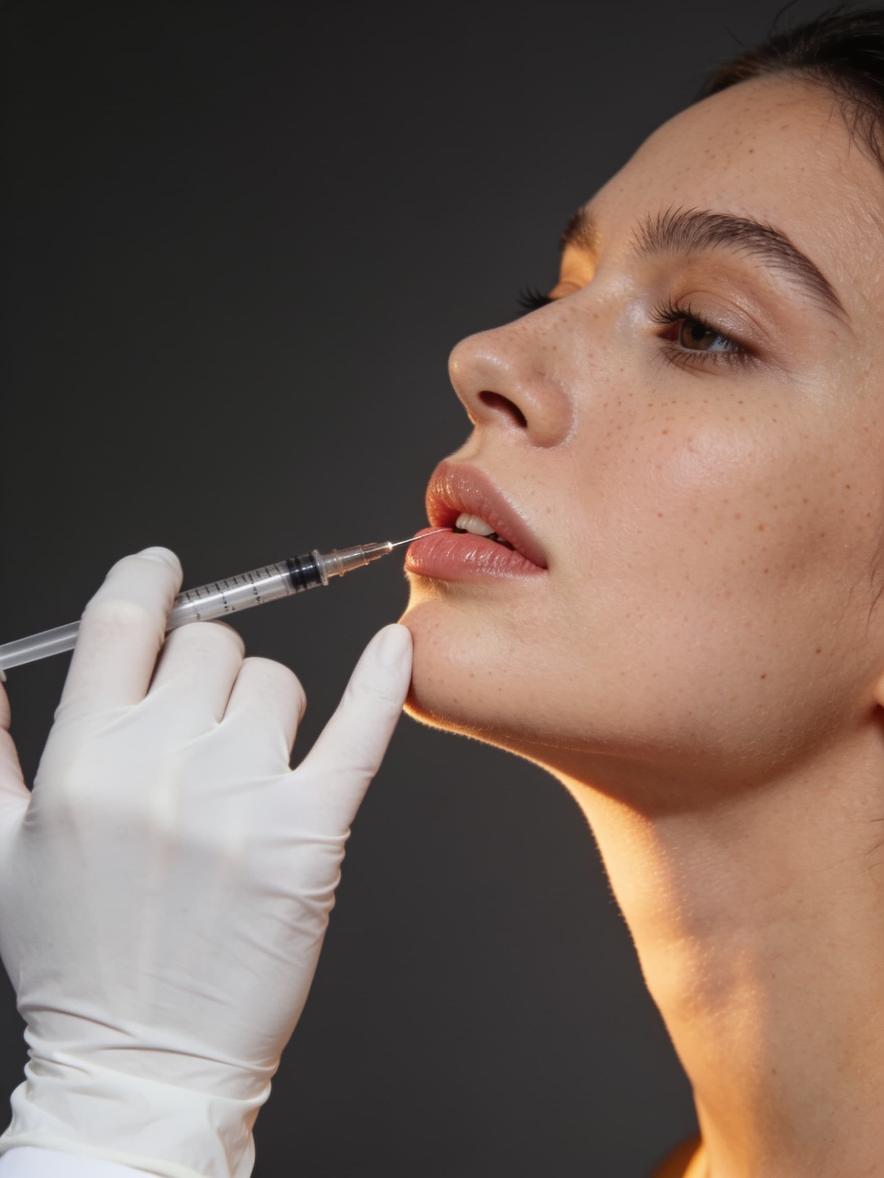 Mão da profissional, de luva branca, fazendo uma aplicação nos lábios de uma mulher