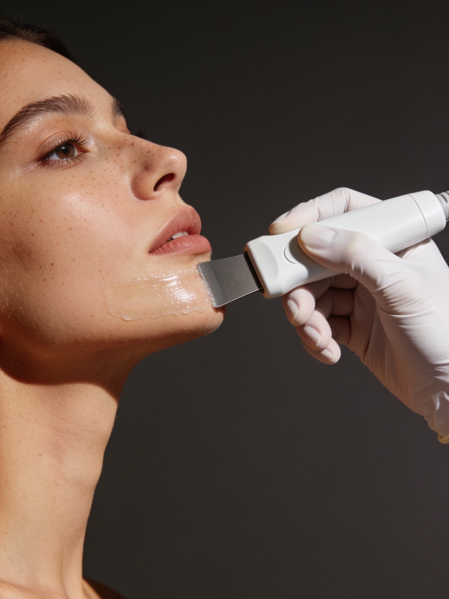 Ponteira de ultrassom sobre o pescoço de uma mulher de olhos fechados