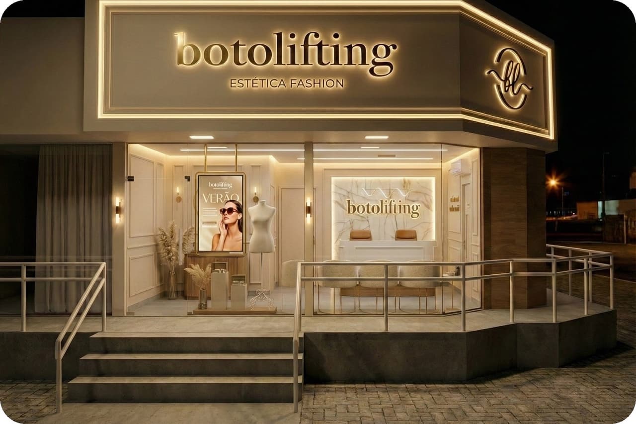 Fachada da unidade iluminada à noite, com letreiro e vitrine